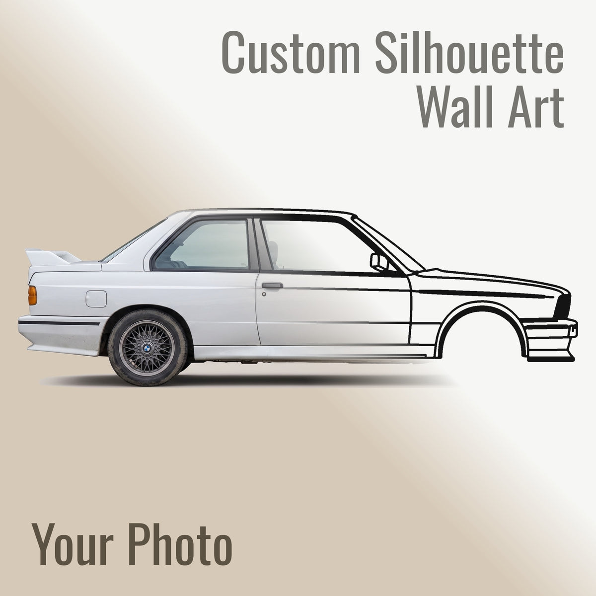 Half a photograph of a BMW M3 E30 and half the matte black steel silhouette cut from it, meeting on a diagonal