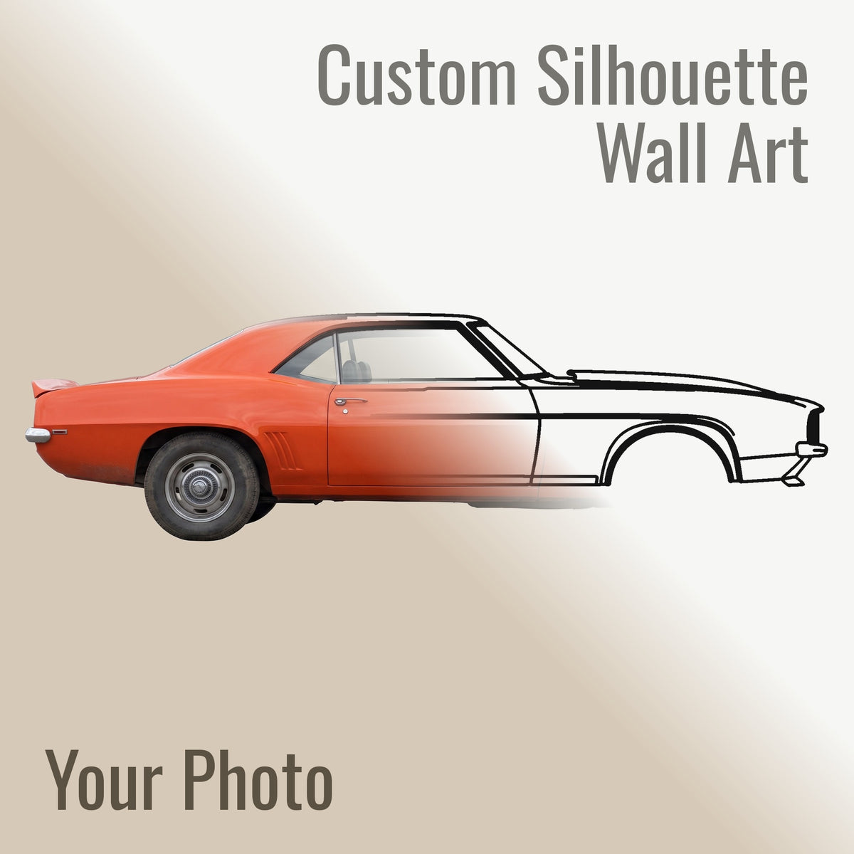 Half a photograph of a 1969 Chevrolet Camaro and half the matte black steel silhouette cut from it, meeting on a diagonal