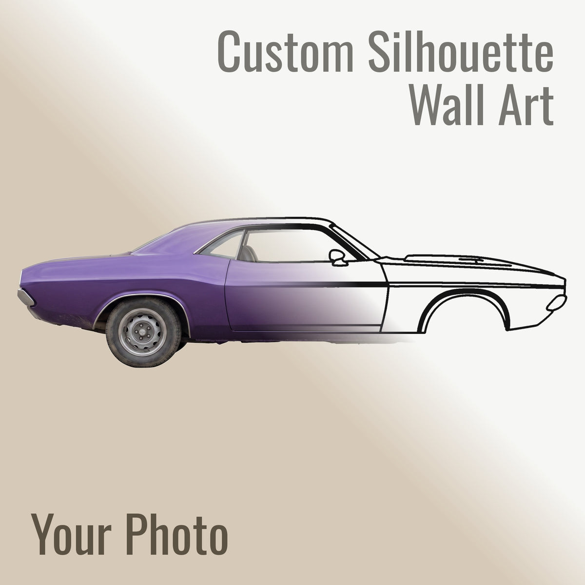Half a photograph of a 1970 Dodge Challenger R/T and half the matte black steel silhouette cut from it, meeting on a diagonal