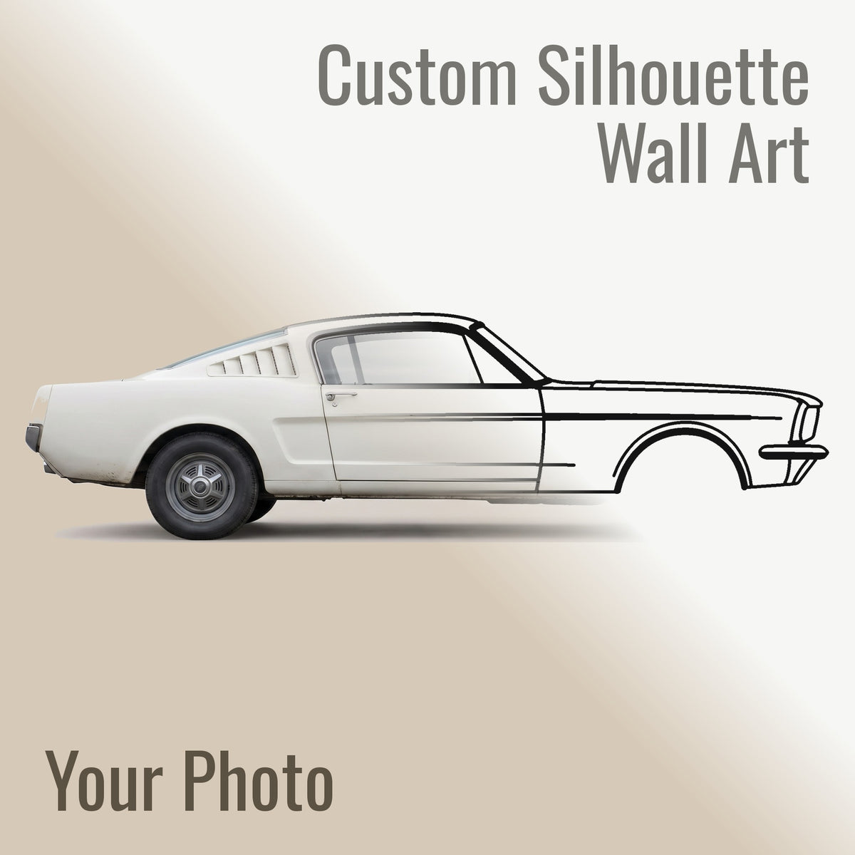 Half a photograph of a 1965-1966 Ford Mustang Fastback 2+2 and half the matte black steel silhouette cut from it, meeting on a diagonal