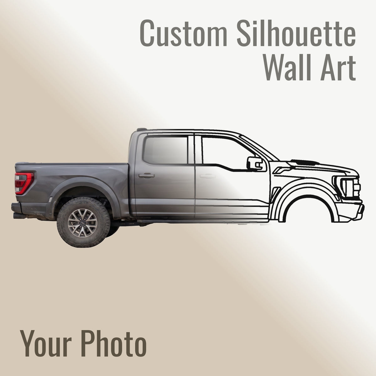 Half a photograph of a Ford F-150 Raptor Gen 2 and half the matte black steel silhouette cut from it, meeting on a diagonal