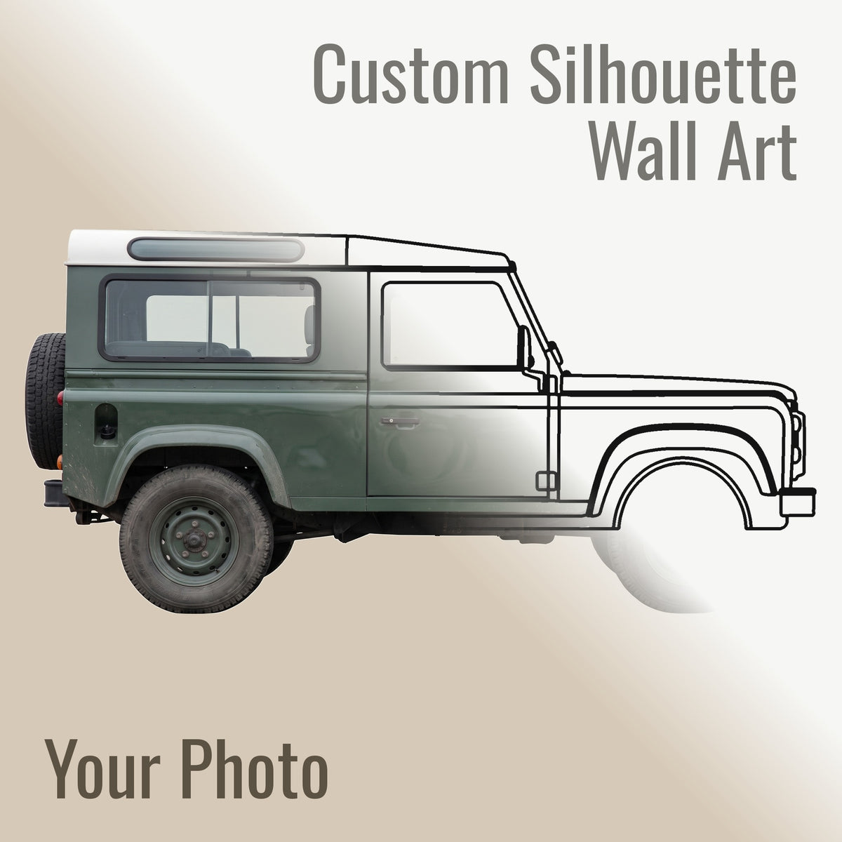 Half a photograph of a Land Rover Defender 90 NAS and half the matte black steel silhouette cut from it, meeting on a diagonal