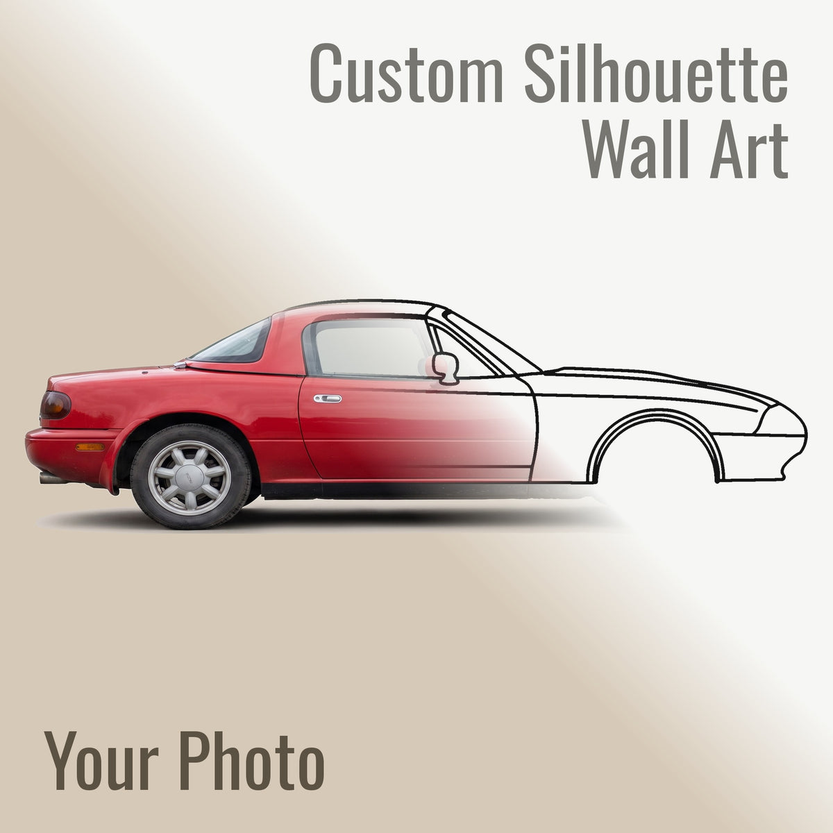 Half a photograph of a Mazda MX-5 Miata NA and half the matte black steel silhouette cut from it, meeting on a diagonal