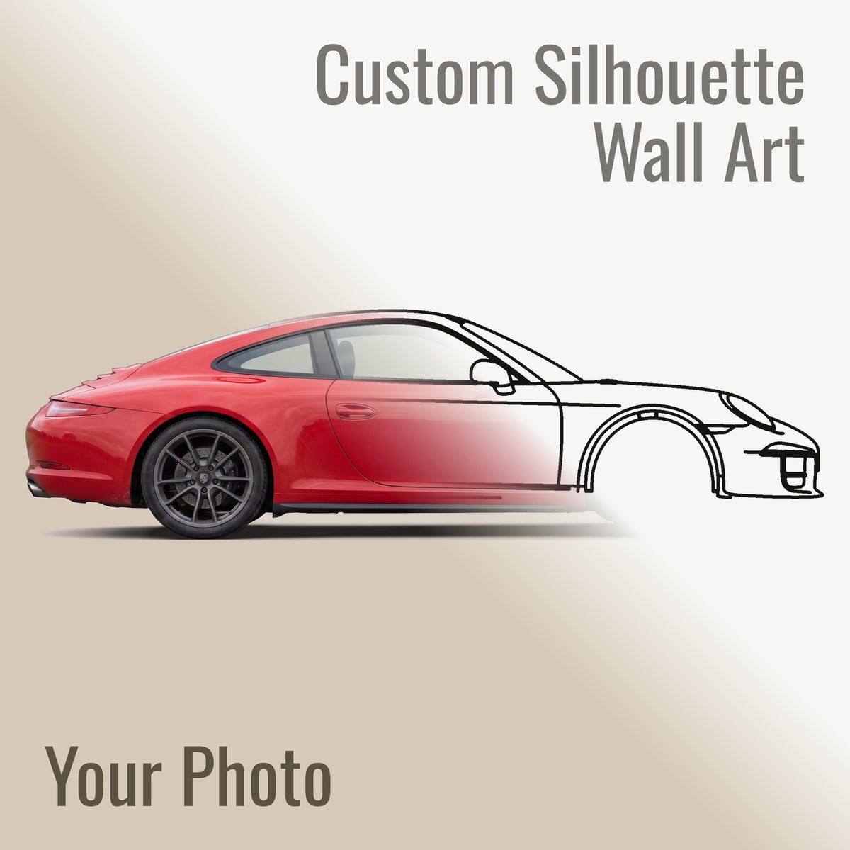 Half a photograph of a Porsche 911 R 991 and half the matte black steel silhouette cut from it, meeting on a diagonal