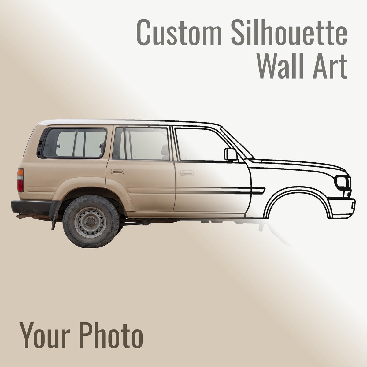 Half a photograph of a Toyota Land Cruiser J80 and half the matte black steel silhouette cut from it, meeting on a diagonal