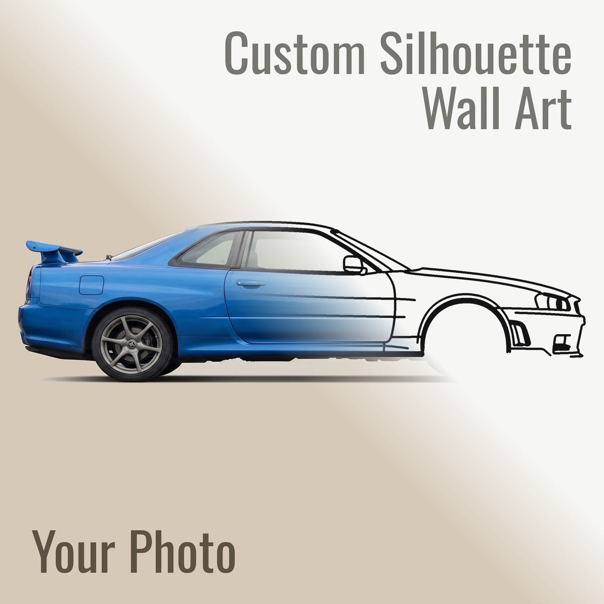 A car photo turning into its laser-cut steel silhouette drawing, side by side