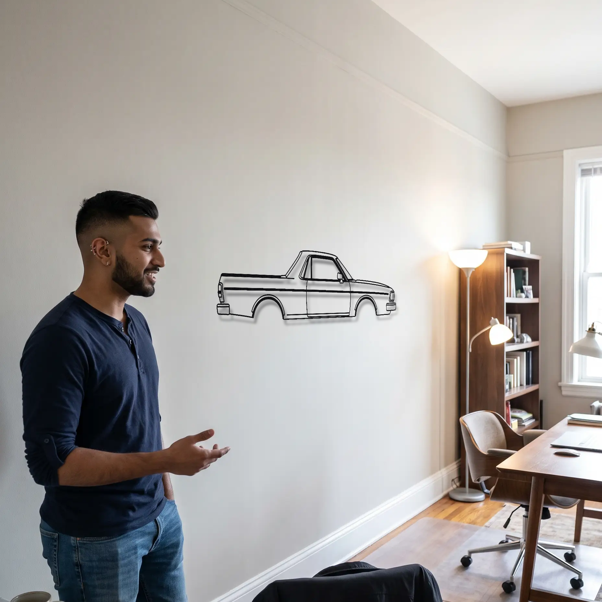 Subaru BRAT Gen 1 metal wall art shown to scale beside a person