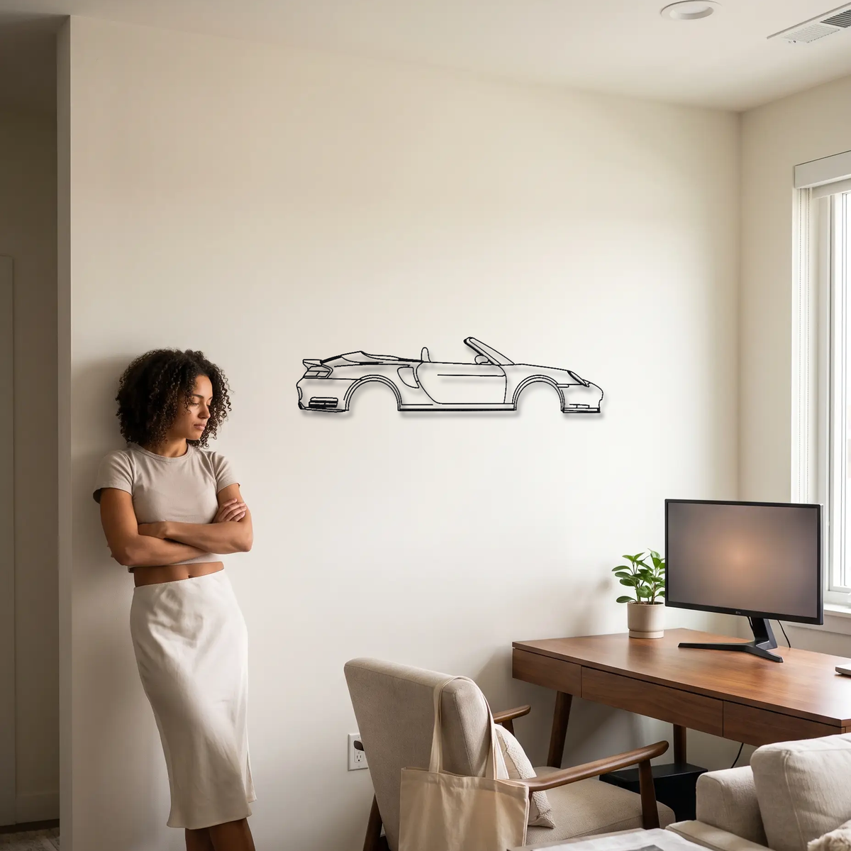 Porsche 911 Turbo Cabriolet 996 metal wall art shown to scale beside a person