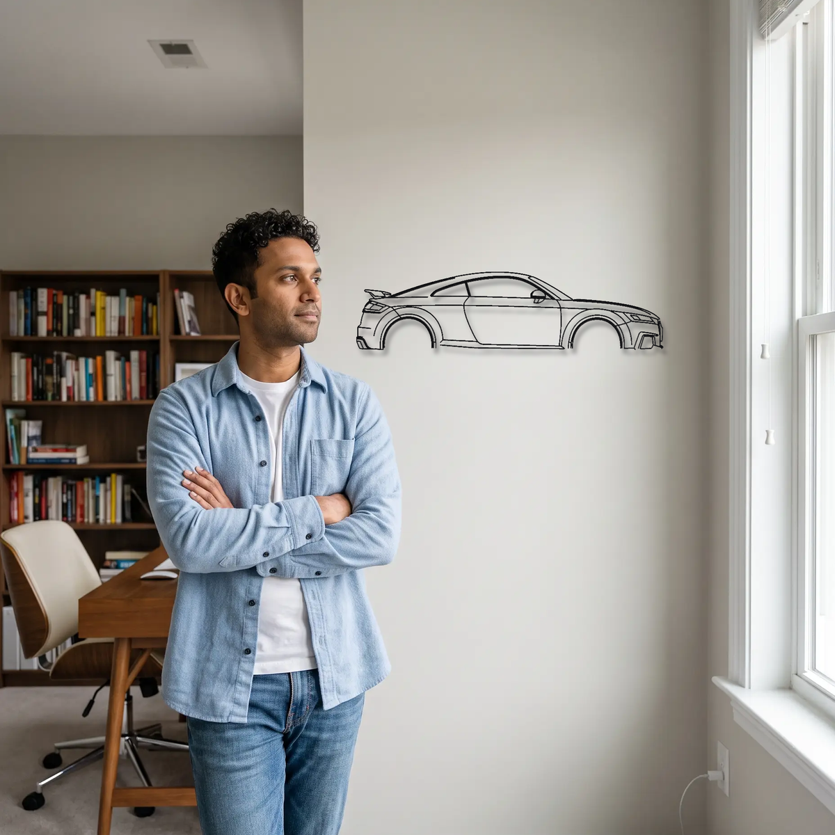 Audi TT RS 8S metal wall art shown to scale beside a person