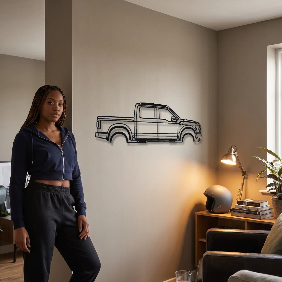 2021- Hennessey VelociRaptor 600 metal wall art shown to scale beside a person