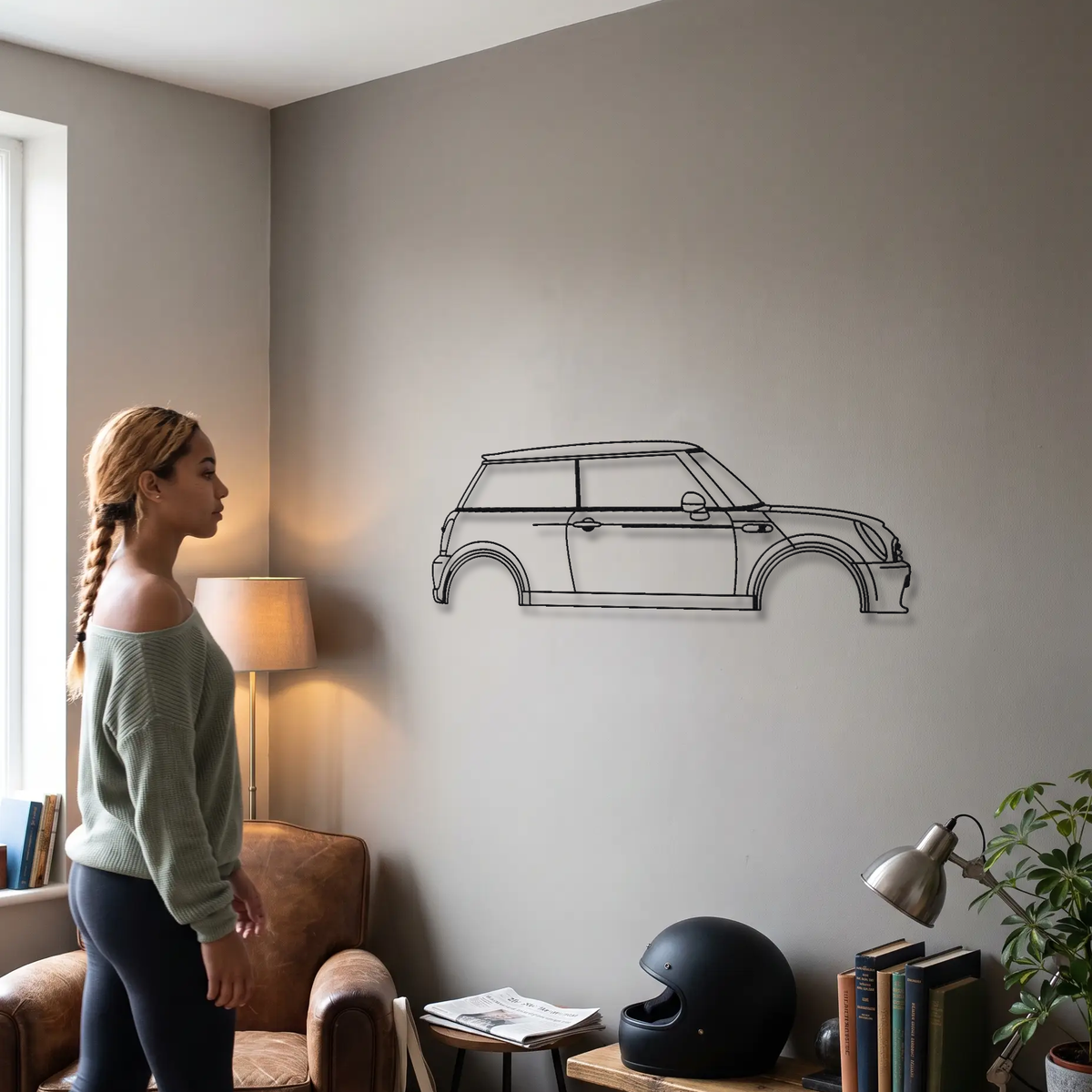 Mini Cooper S R53 metal wall art shown to scale beside a person
