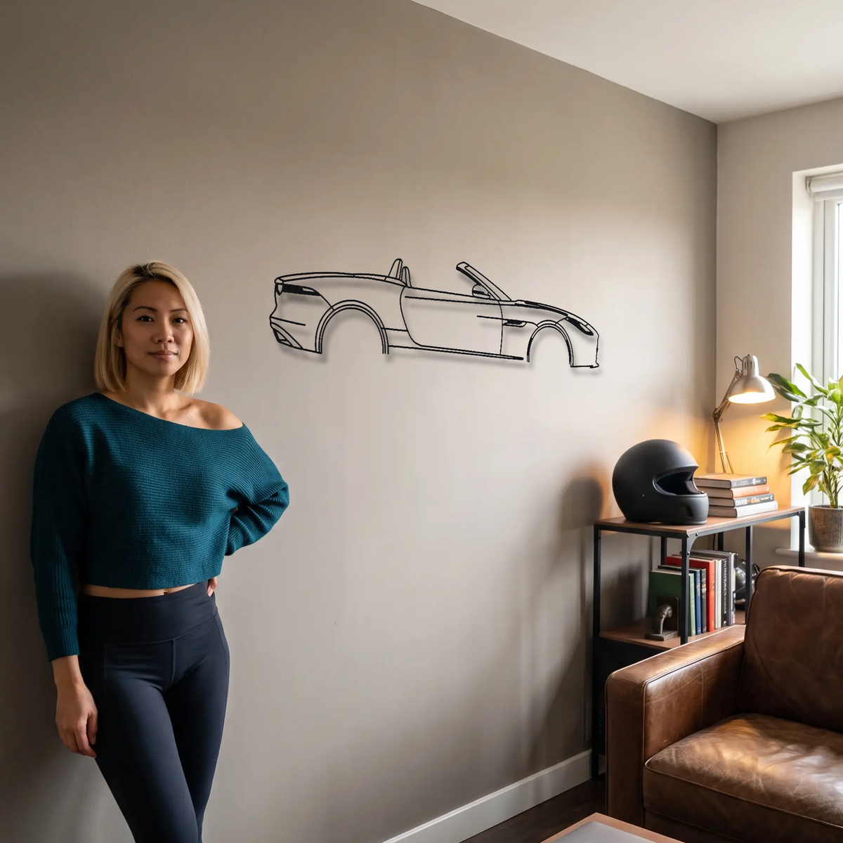Jaguar F-Type Convertible Pre-Facelift metal wall art shown to scale beside a person