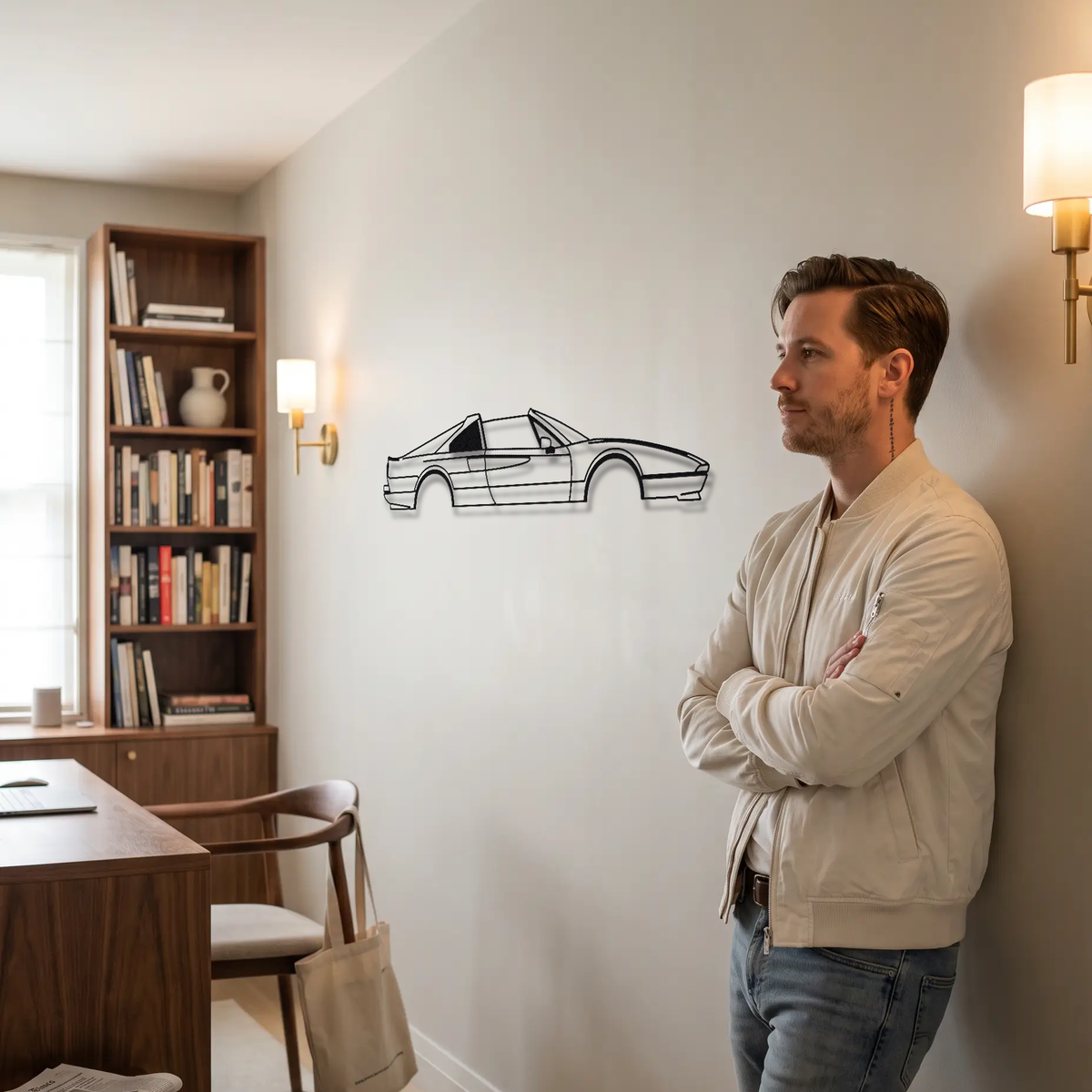 Ferrari 328 GTS metal wall art shown to scale beside a person
