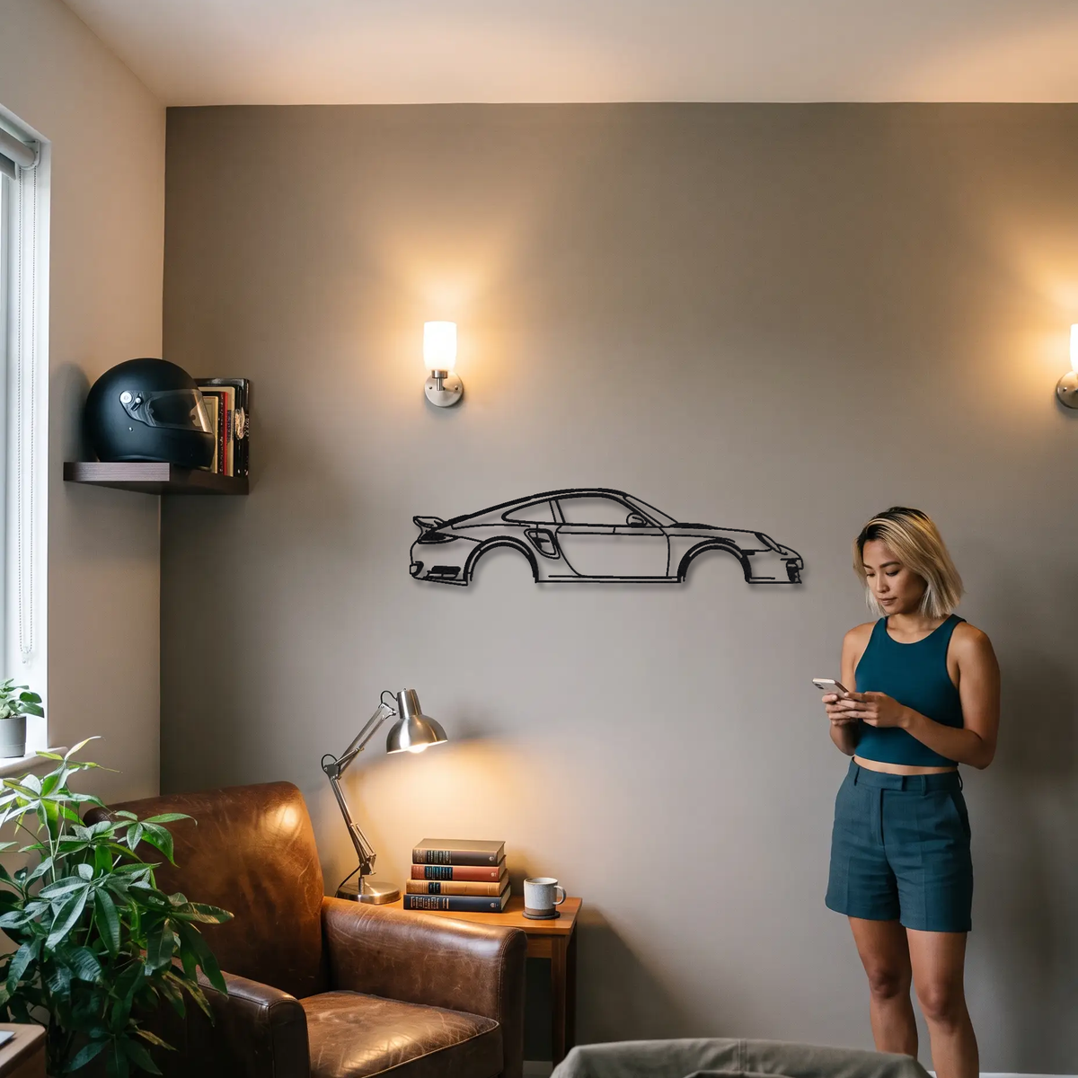 2010-12 Porsche 911 Turbo S 997.2 metal wall art shown to scale beside a person