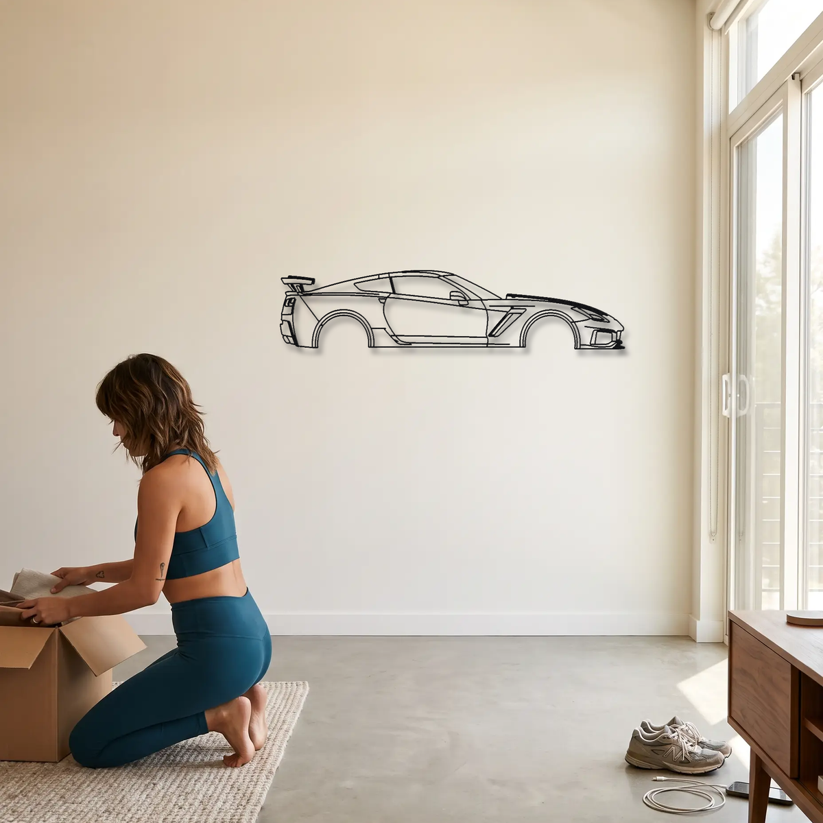 Chevrolet Corvette ZR1 C7 metal wall art shown to scale beside a person