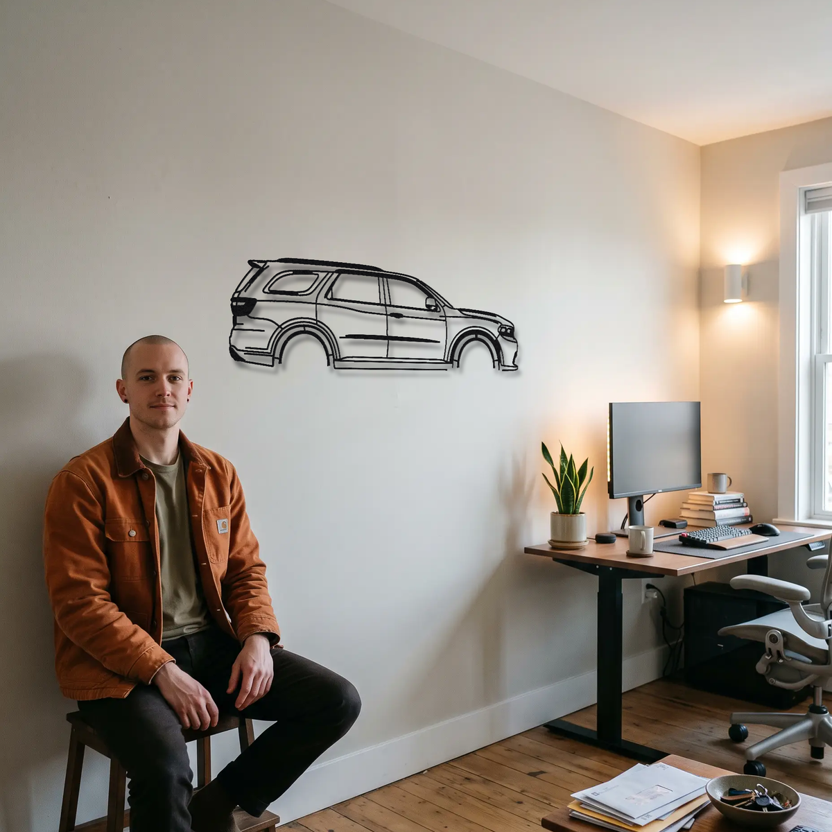 2021- Dodge Durango SRT Hellcat WD metal wall art shown to scale beside a person