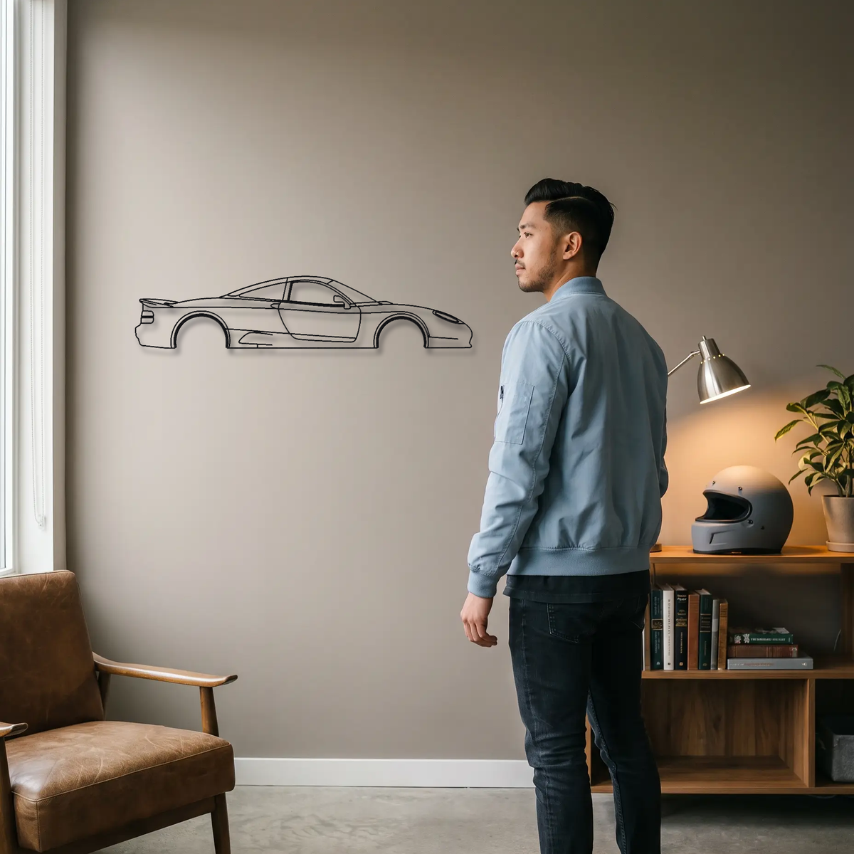 Jaguar XJR-15 metal wall art shown to scale beside a person