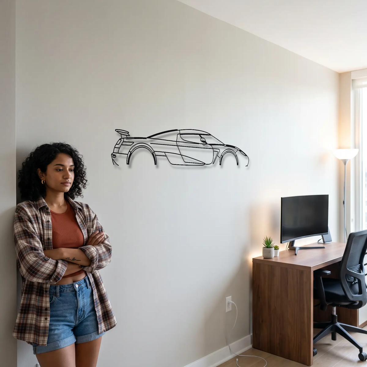 Koenigsegg Agera metal wall art shown to scale beside a person
