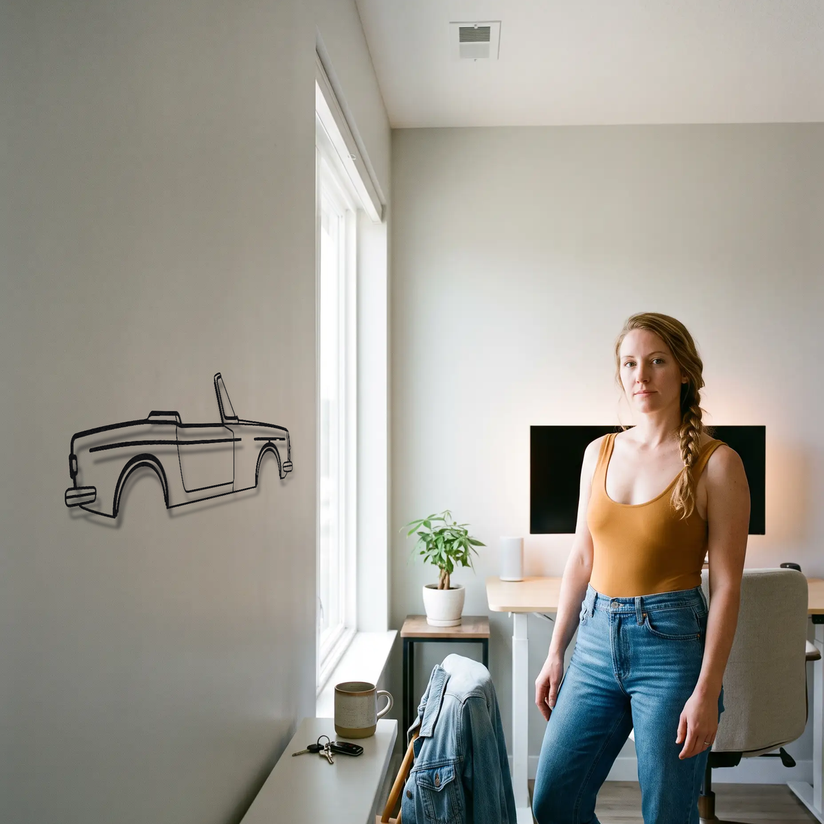 Honda S800 metal wall art shown to scale beside a person