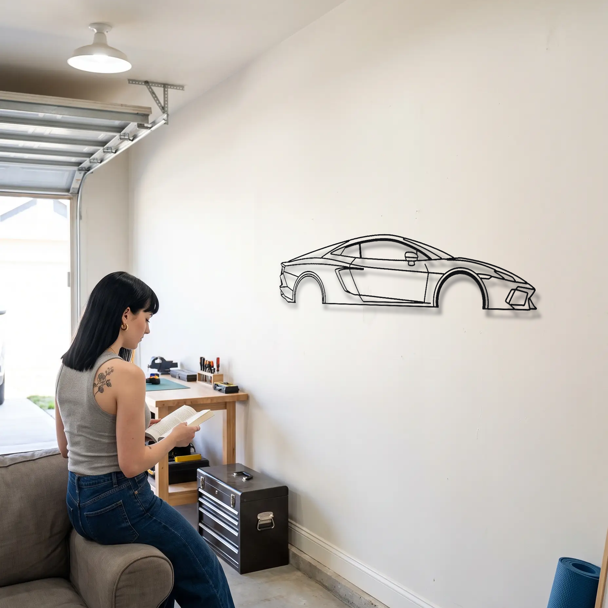 Lamborghini Silhouette metal wall art shown to scale beside a person