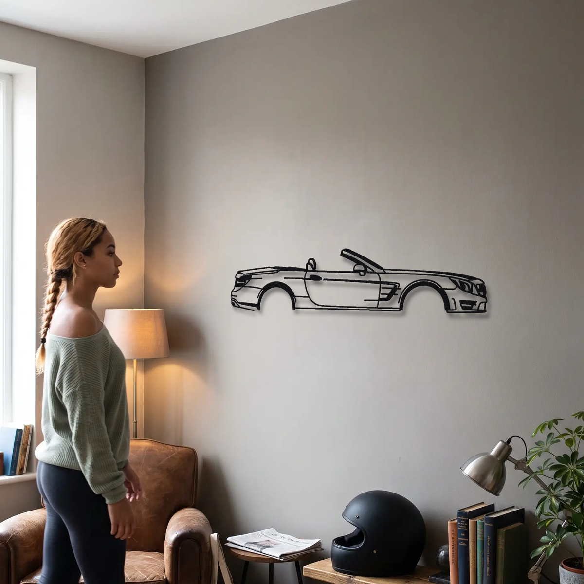 2013-20 Mercedes-AMG SL 63 AMG R231 metal wall art shown to scale beside a person