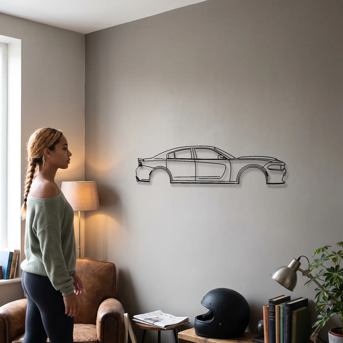 Dodge Charger SRT Hellcat LD metal wall art shown to scale beside a person