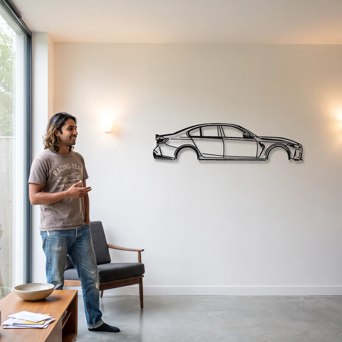 2023- BMW M3 CS G80 metal wall art shown to scale beside a person