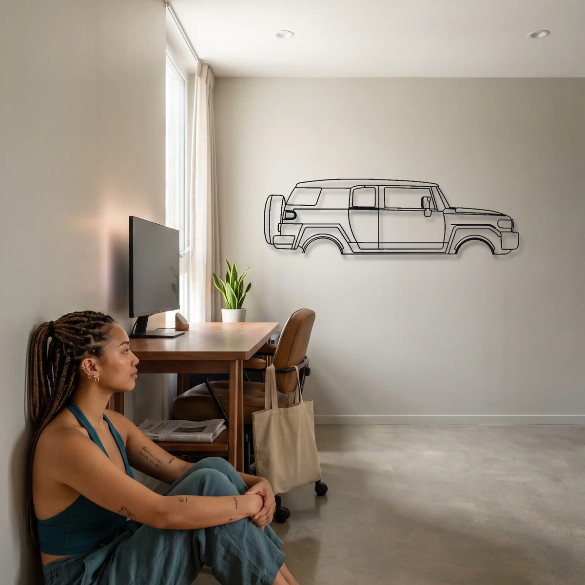 Toyota FJ Cruiser metal wall art shown to scale beside a person
