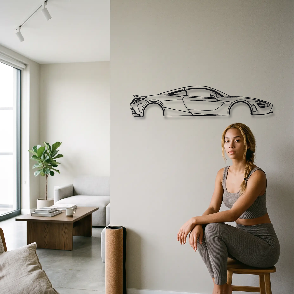 McLaren 750S metal wall art shown to scale beside a person