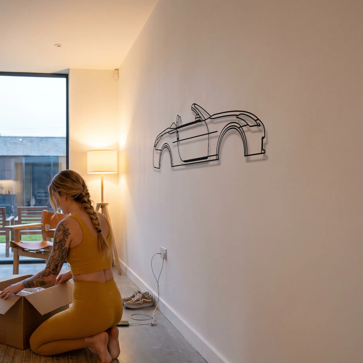 Nissan 350Z Roadster Z33 metal wall art shown to scale beside a person