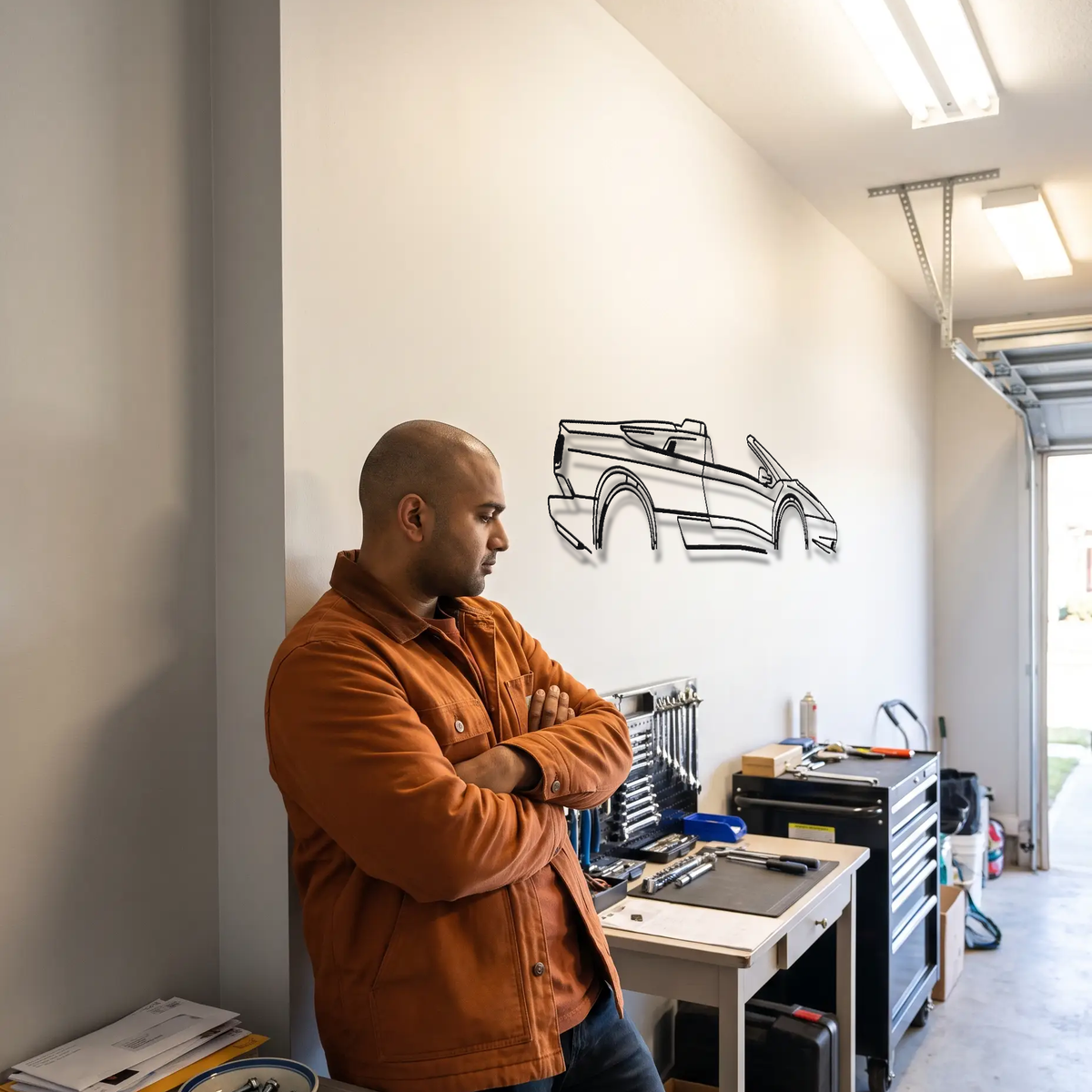 Lamborghini Diablo VT Roadster metal wall art shown to scale beside a person