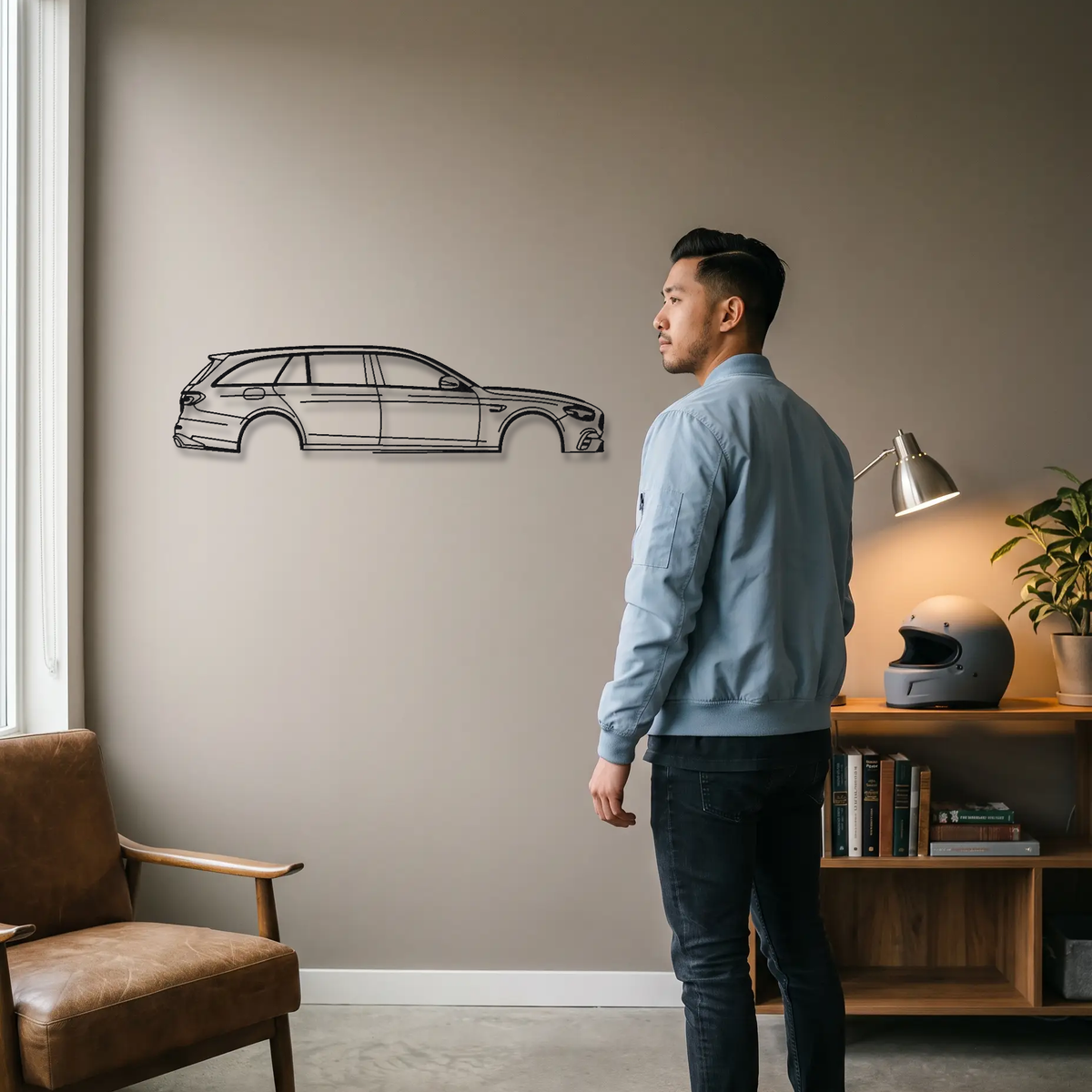 Mercedes-AMG E63 S Estate S213 Facelift metal wall art shown to scale beside a person