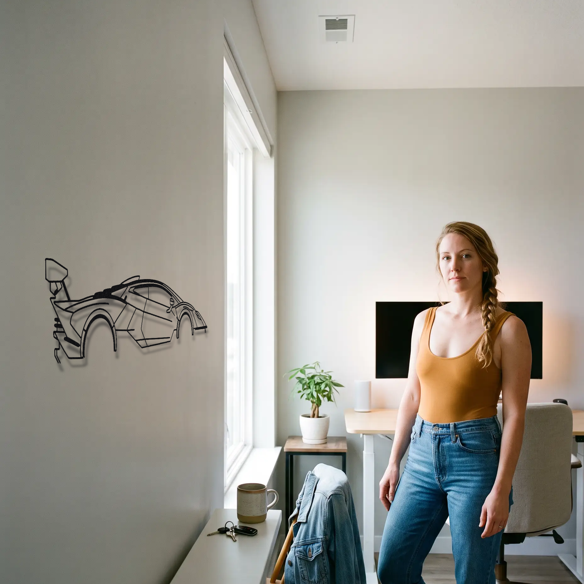 Lamborghini Essenza SCV12 metal wall art shown to scale beside a person