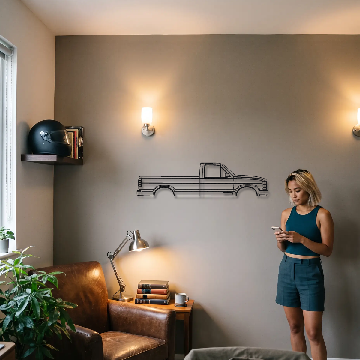 GMC Sierra K2XX metal wall art shown to scale beside a person