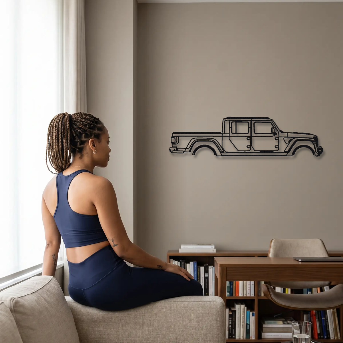 2020- Jeep Gladiator Mojave JT metal wall art shown to scale beside a person