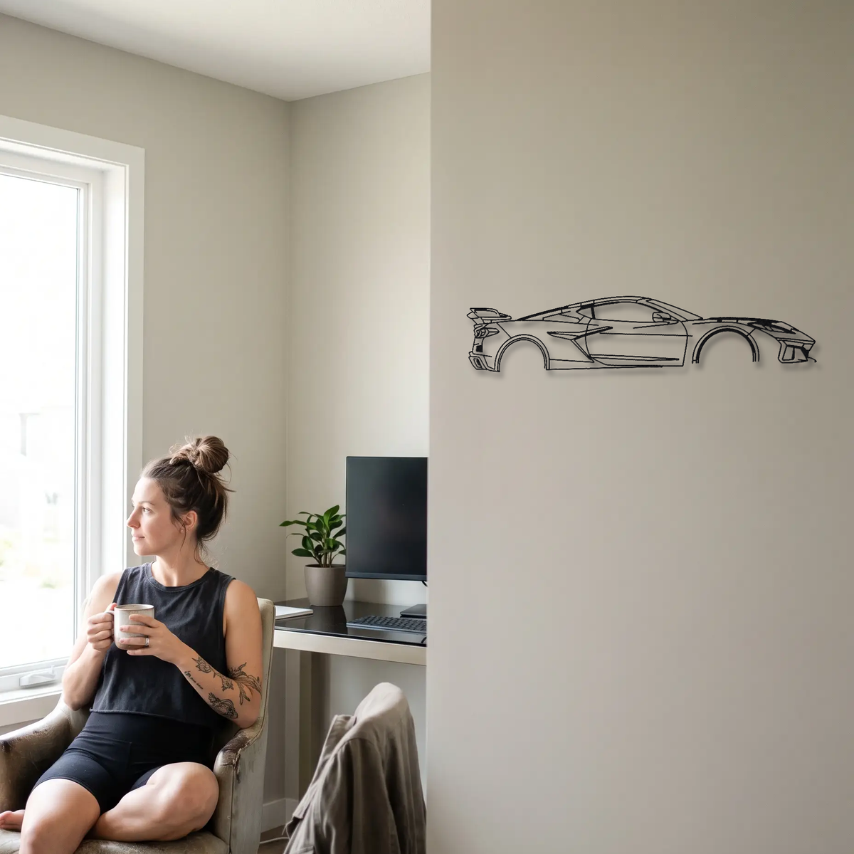 Chevrolet Corvette ZR1 C8 metal wall art shown to scale beside a person