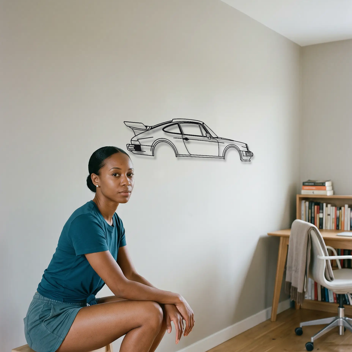 1975-1977 Porsche 930 Turbo 3 metal wall art shown to scale beside a person