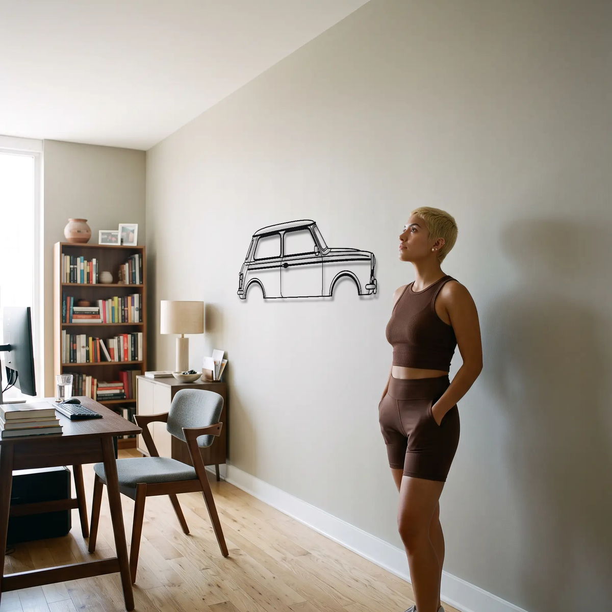Mini Cooper S MK1/MK2 metal wall art shown to scale beside a person
