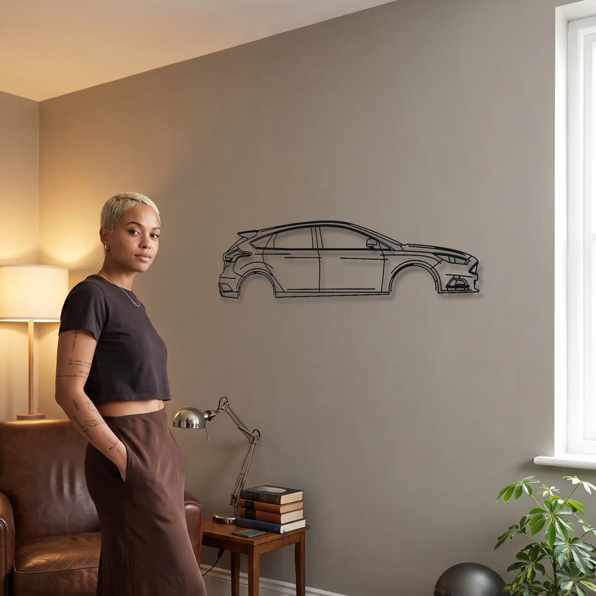 Ford Focus ST MK3 metal wall art shown to scale beside a person