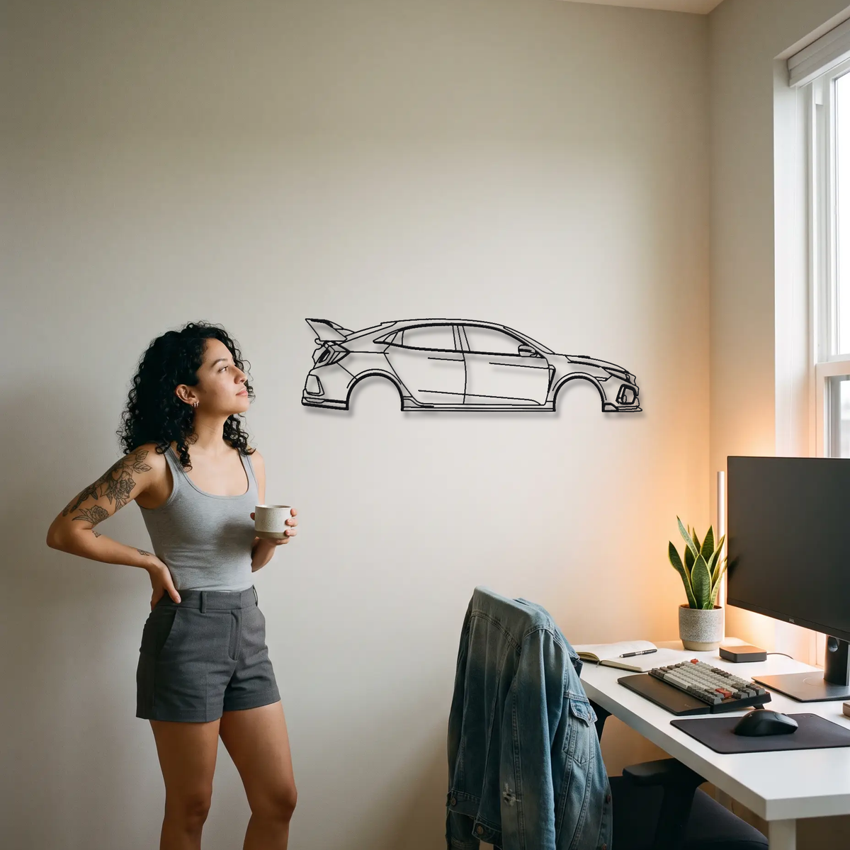 Honda Civic Type R FK8 metal wall art shown to scale beside a person