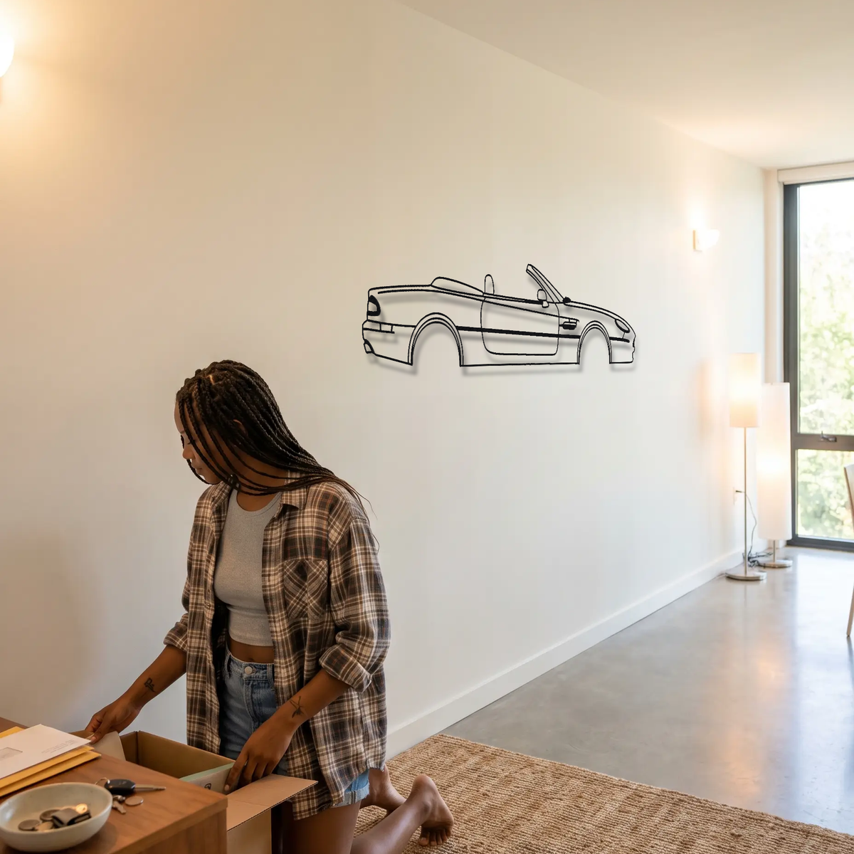 Aston Martin DB7 Volante metal wall art shown to scale beside a person