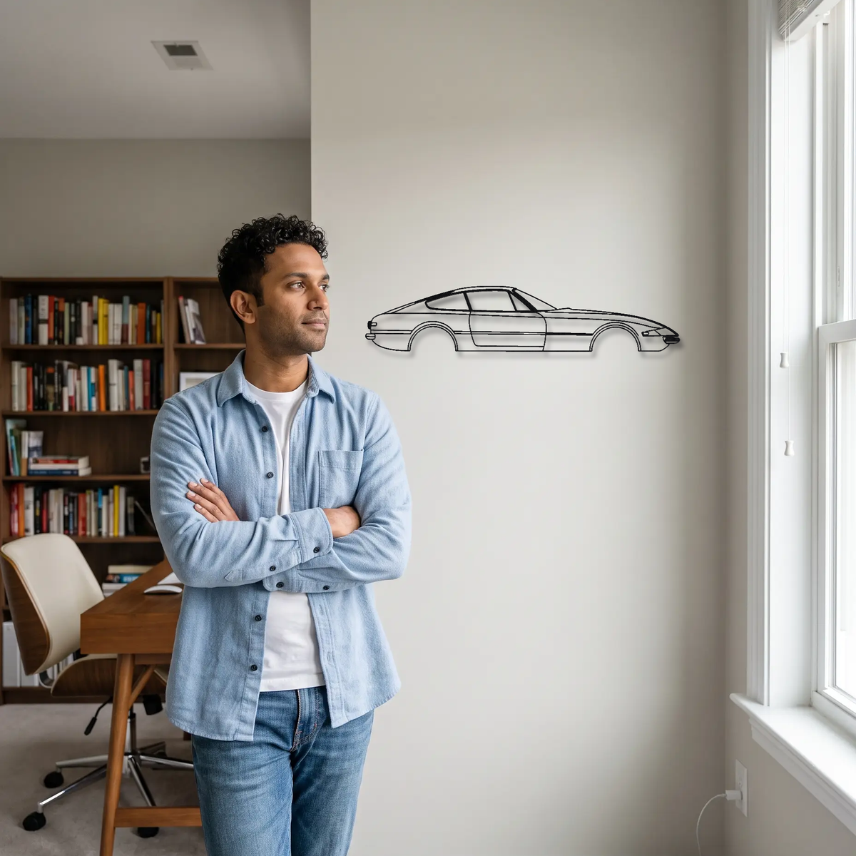 Ferrari 365 GTB/4 Daytona metal wall art shown to scale beside a person