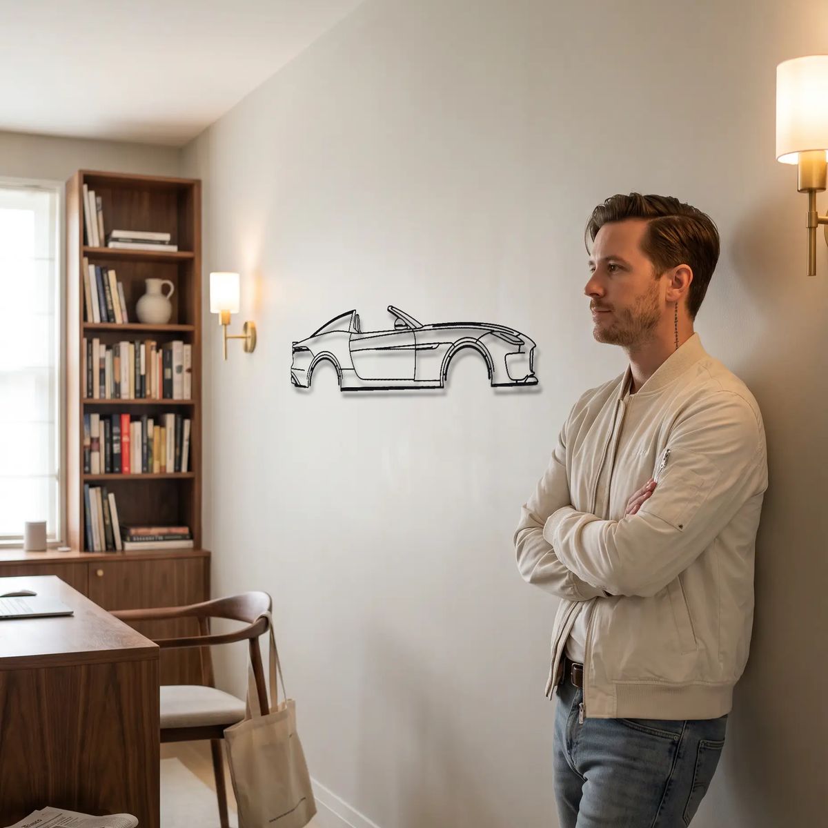 Jaguar F-Type Project 7 metal wall art shown to scale beside a person