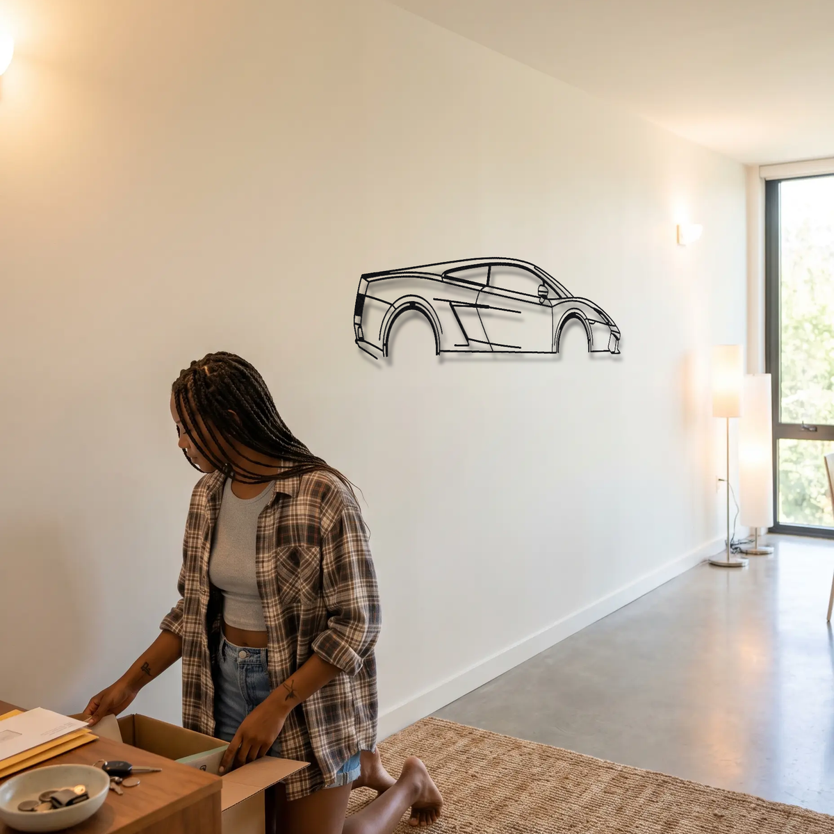 Lamborghini Gallardo metal wall art shown to scale beside a person