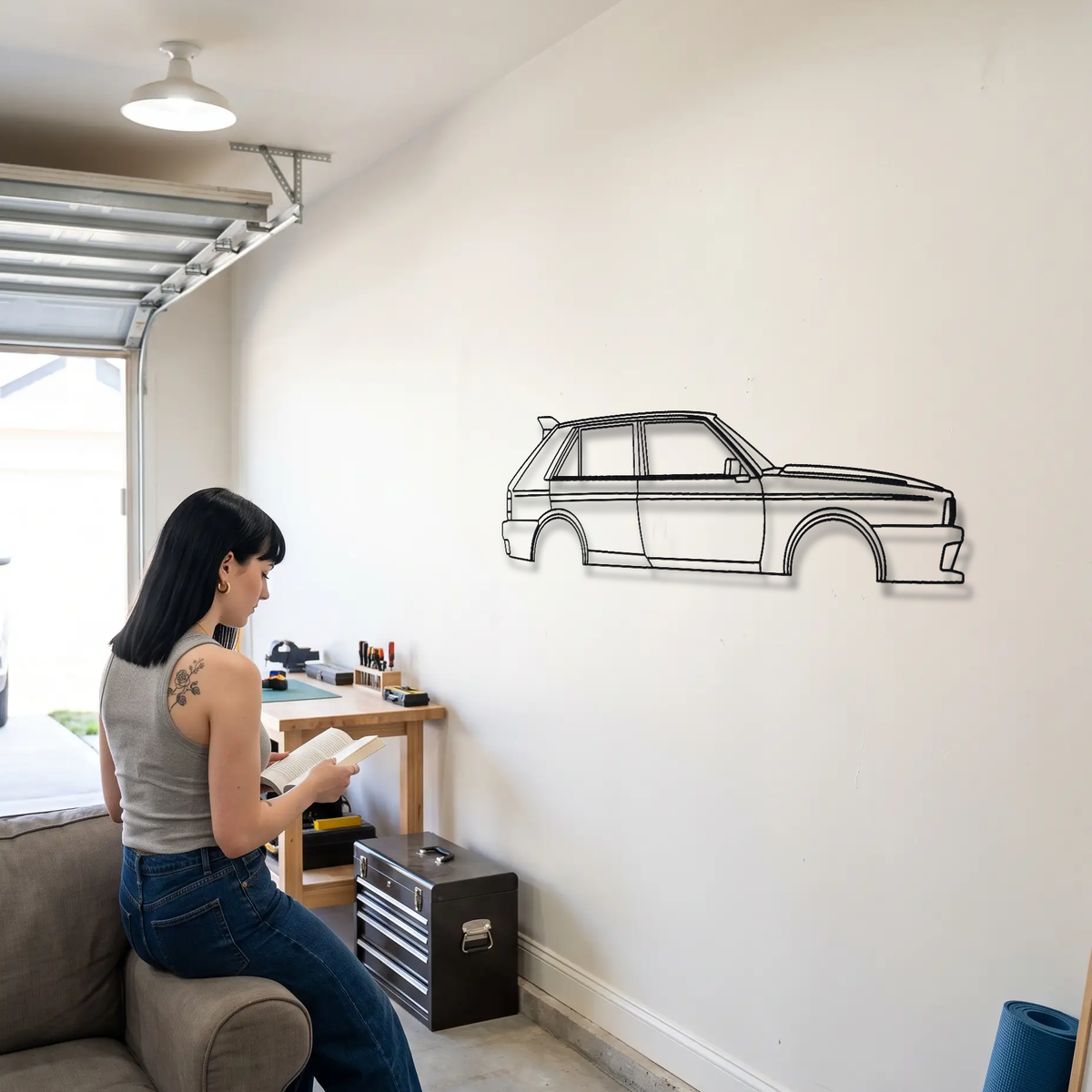 Automobili Amos Lancia Delta Safarista metal wall art shown to scale beside a person