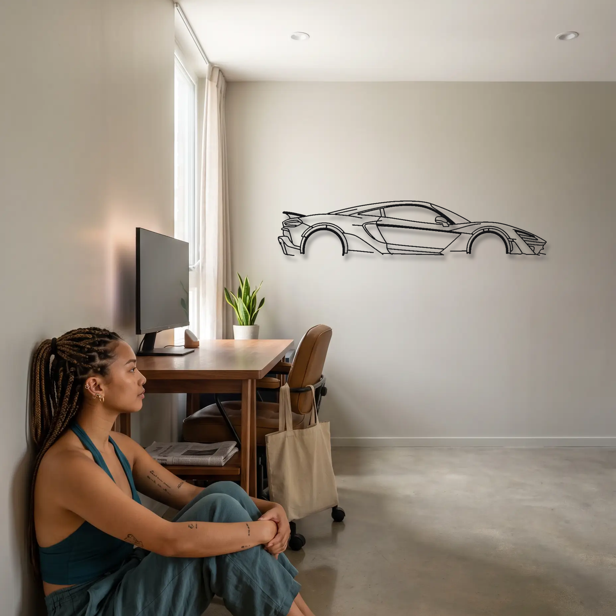 McLaren W1 metal wall art shown to scale beside a person