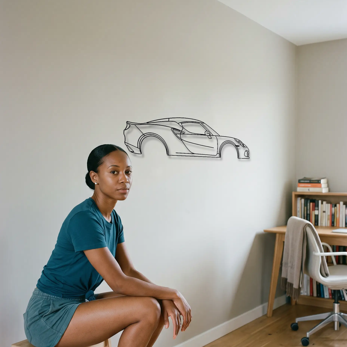 Alfa Romeo 4C Coupe metal wall art shown to scale beside a person