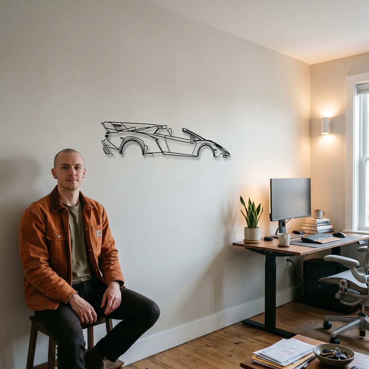 Lamborghini Veneno Roadster metal wall art shown to scale beside a person