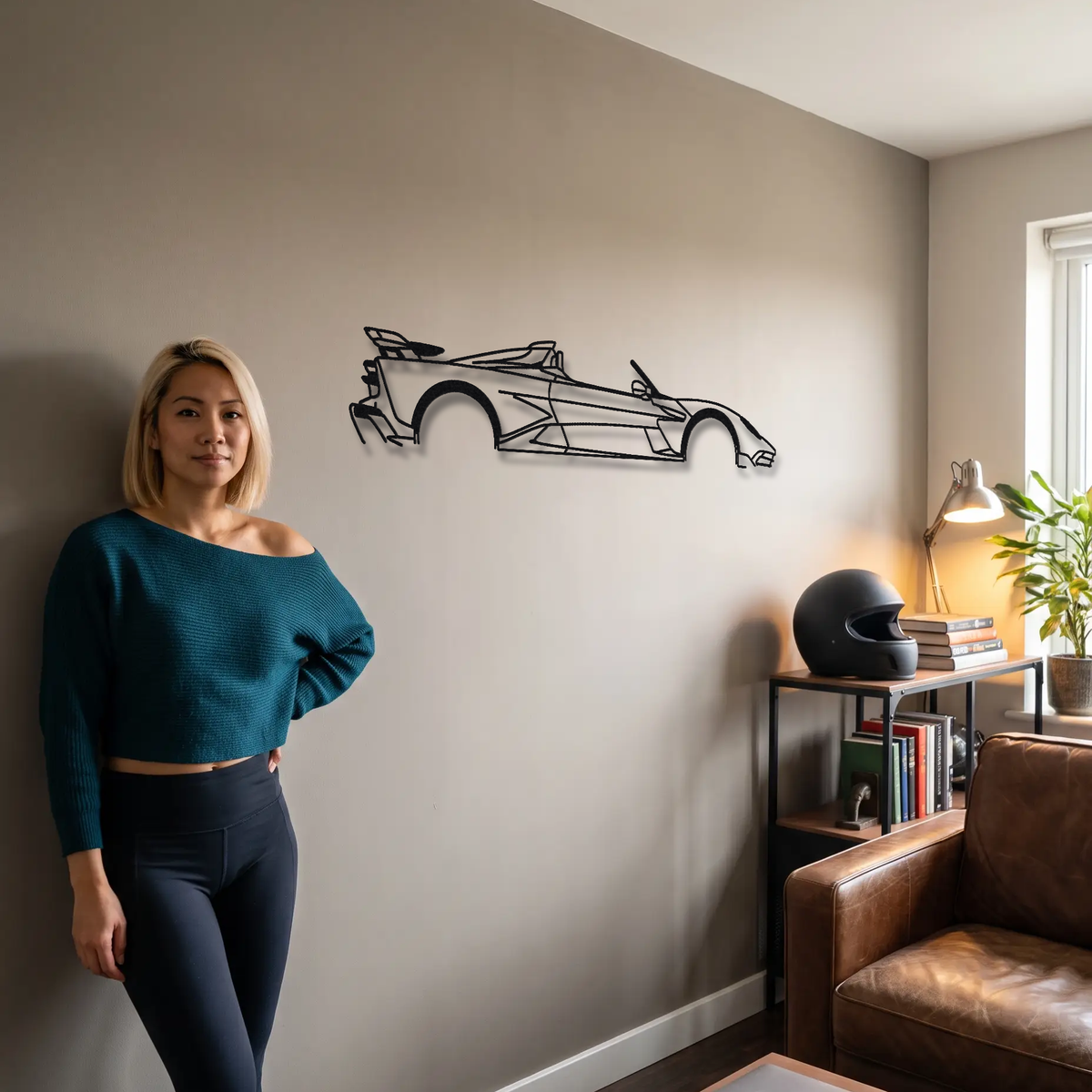 2025- Aston Martin Valhalla Spider metal wall art shown to scale beside a person