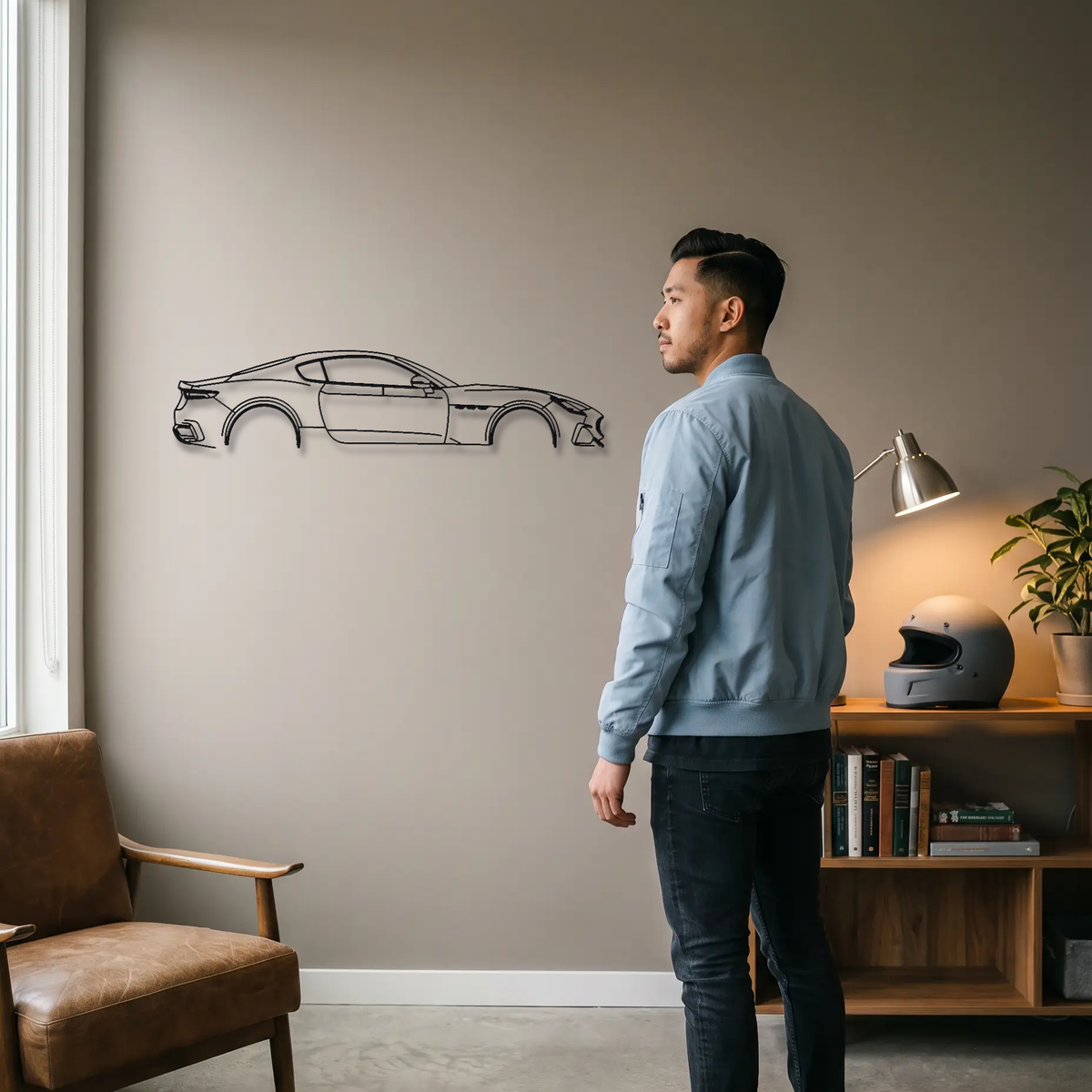 Maserati GranTurismo Trofeo Gen 2 metal wall art shown to scale beside a person